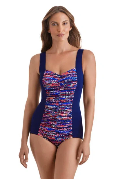 Shapesolver Shirred Front Princess Seam Girl Leg Plus Size One-piece Swimsuit In Multi