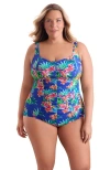Shapesolver Shirred Front Princess Seam Girl Leg Plus Size One-piece Swimsuit In Blue