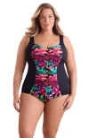 Shapesolver Shirred Front Princess Seam Girl Leg Plus Size One-piece Swimsuit In Multi