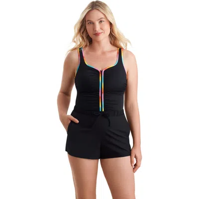 Shapesolver Sport Shirred Zipper Runaround Chlorine Resistant One-piece Swimsuit In Black