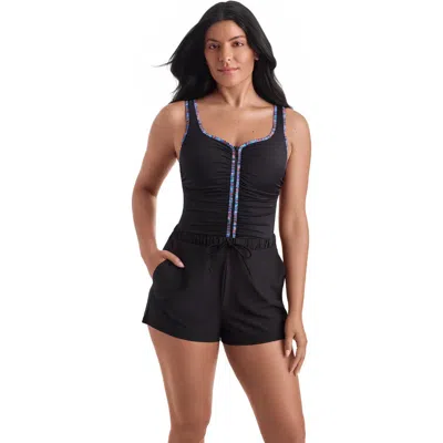 Shapesolver Sport Shirred Zipper Runaround Chlorine Resistant One-piece Swimsuit In Black