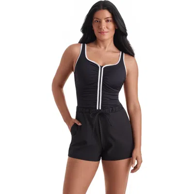 Shapesolver Sport Shirred Zipper Runaround Chlorine Resistant One-piece Swimsuit In Blue