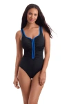 Shapesolver Sport Shirred Zipper Tank Chlorine Resistant One-piece Swimsuit In Blue