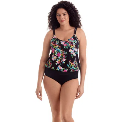 Shapesolver V-neck Blouson Ring Tankini Swimsuit Top In Black