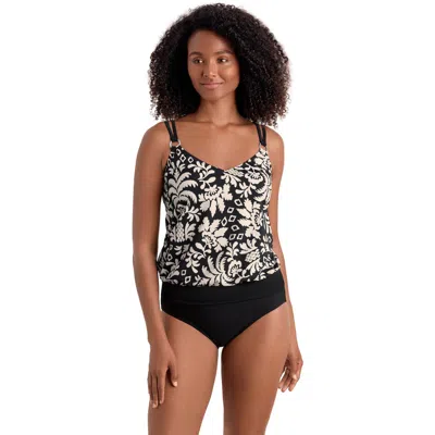 Shapesolver V-neck Blouson Ring Tankini Swimsuit Top In Black