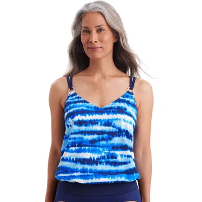 Shapesolver V-neck Blouson Ring Tankini Swimsuit Top In Blue