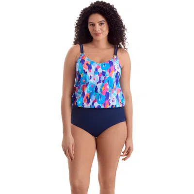 Shapesolver V-neck Blouson Ring Tankini Swimsuit Top In Blue