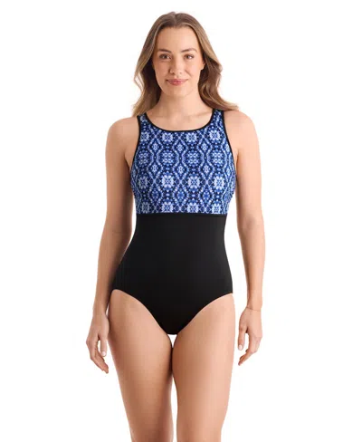 Shapesolver Women's Binded Crewneck One-piece Swimsuit In Blue