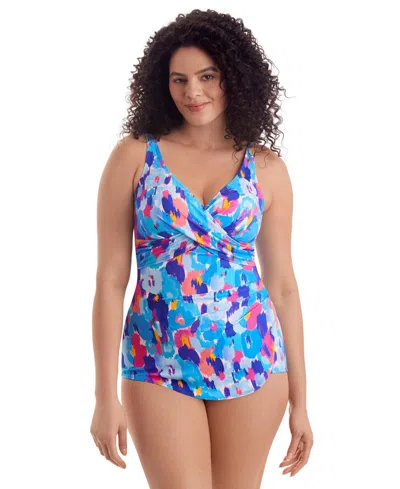 Shapesolver Women's Cross Over V-neck Printed One-piece Swimsuit In Blue