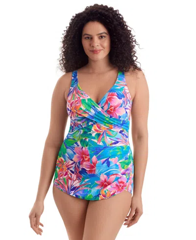 Shapesolver Women's Cross Over V-neck Printed One-piece Swimsuit In Blue