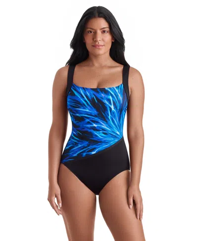 Shapesolver Women's Scoop Neck Illusion One-piece Swimsuit In Blue