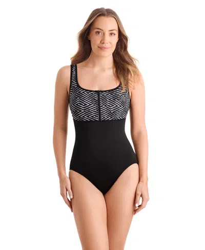 Shapesolver Women's Scoop Neck Zipper One-piece Swimsuit In Black