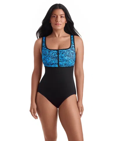 Shapesolver Women's Scoop Neck Zipper One-piece Swimsuit In Blue