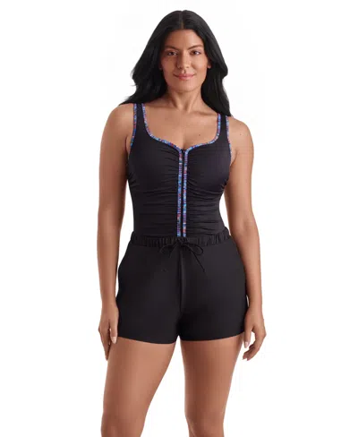 Shapesolver Women's Shirred Scoop Neck Swim Top & Shorts, 2-piece Set In Black