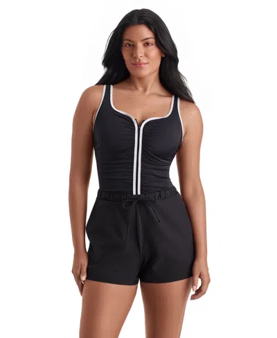 Shapesolver Women's Shirred Scoop Neck Swim Top & Shorts, 2-piece Set In Black