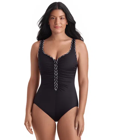 Shapesolver Women's Shirred Zipper One-piece Swimsuit In Black