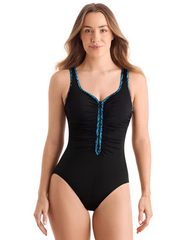 Shapesolver Women's Shirred Zipper One-piece Swimsuit In Black