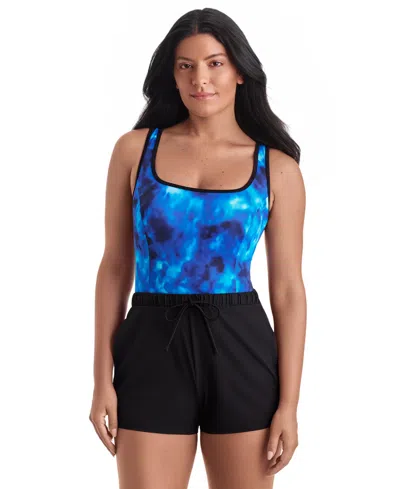 Shapesolver Women's Sport Binded Scoop Neck Runaround One-piece Swimsuit In Blue