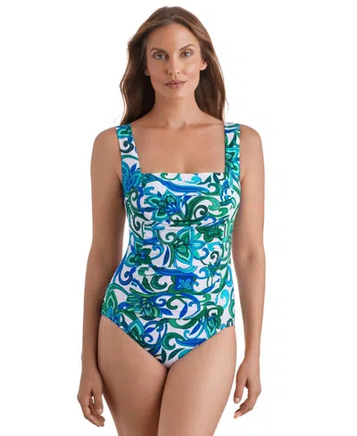 Shapesolver Women's Square Neck Princess Seam One-piece Swimsuit In Blue
