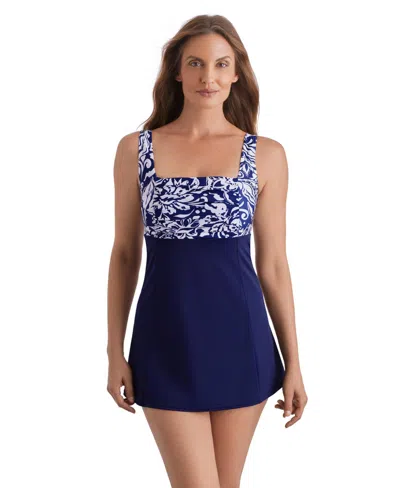 Shapesolver Women's Square Neck Princess Seam Swim Dress In Blue