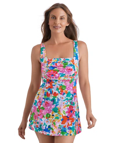 Shapesolver Women's Square Neck Princess Seam Swim Dress In Summer Splash