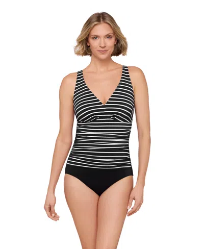 Shapesolver Women's Striped V-neck One-piece Swimsuit In Black