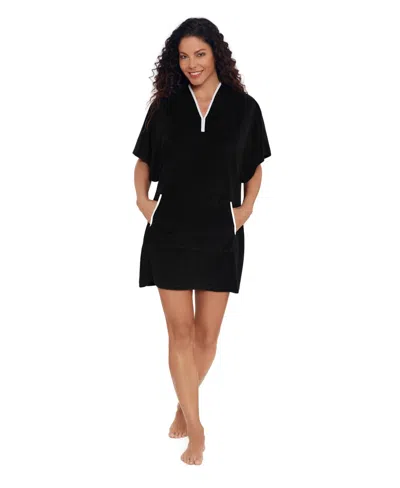 Shapesolver Women's V-neck Hooded Swim Cover Up Dress In Black