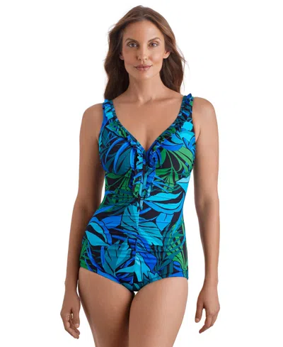 Shapesolver Women's V-neck One-piece Swimsuit In Blue
