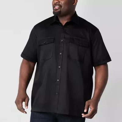 Shaquille O'neal Xlg Satin Utility Mens Short Sleeve Regular Fit Big And Tall Button-down Shirt In Black
