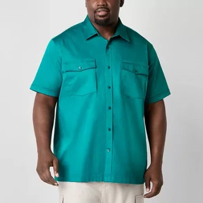 Shaquille O'neal Xlg Satin Utility Mens Short Sleeve Regular Fit Big And Tall Button-down Shirt In Green