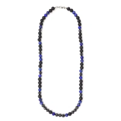 Shar Oke Men's Black / Blue / Silver Black Lava, Blue Lapis Lazuli & Black Cubic Zirconia Beaded Necklace In Multi