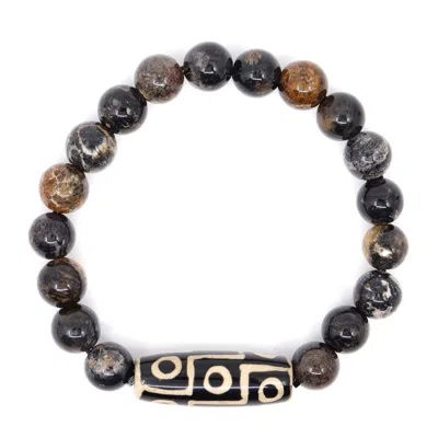 Shar Oke Men's Black / Brown / Neutrals Black Fossil Coral & Tibetan Agate Beaded Bracelet In Multi