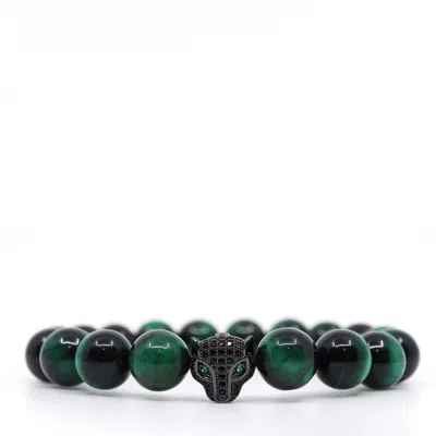 Shar Oke Men's Black / Green Green Tiger's Eye & Black Jaguar Bracelet