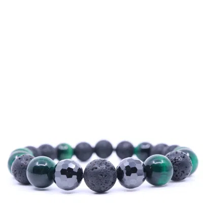 Shar Oke Men's Black / Green Green Tiger's Eye, Black Cubic Zirconia & Black Lava Beaded Bracelet In Multi