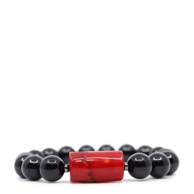 Shar Oke Men's Black / Red Black Tourmaline & Red Coral Beaded Bracelet