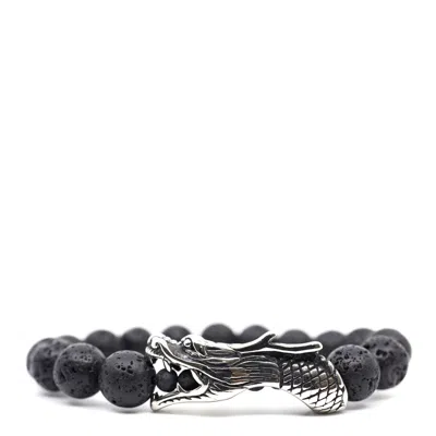 Shar Oke Men's Black / Silver Dragon Stainless Steel & Black Natural Lava Beaded Bracelet