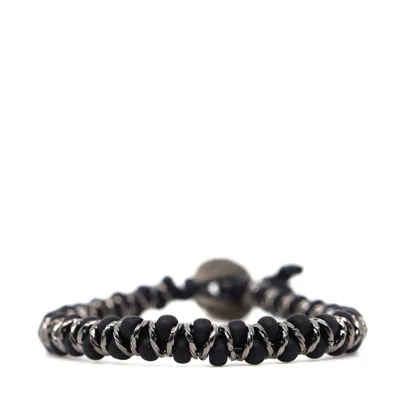 Shar Oke Men's Black / Silver Matte Black Czech & Black Leather Beaded Bracelet