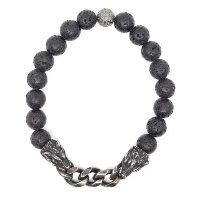 Shar Oke Men's Black / Silver Stainless Steel Panther & Black Natural Lava Beaded Bracelet In Multi