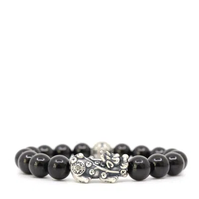 Shar Oke Men's Black / Silver Sterling Silver Pixiu & Black Spinel Bracelet