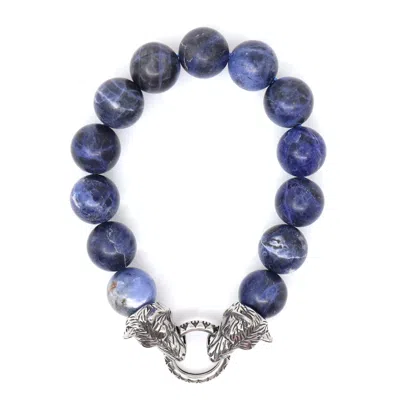 Shar Oke Men's Black / White / Silver Sodalite & Wolf Beaded Bracelet