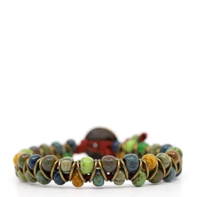 Shar Oke Men's Blue / Green / Red Blue, Green & Turquoise Picasso Czech Beads & Red Leather Beaded Bracelet In Multi