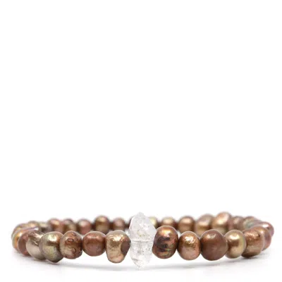 Shar Oke Men's Blue Natural Brown Baroque Freshwater Pearl & Herkimer Diamond Beaded Bracelet