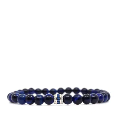 Shar Oke Men's Blue / Silver Blue Tiger's Eye & Sterling Silver Cubic Zirconia Bracelet