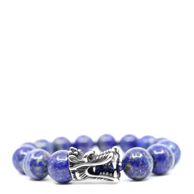 Shar Oke Men's Blue / Silver Lapis Lazuli & Dragon Beaded Bracelet