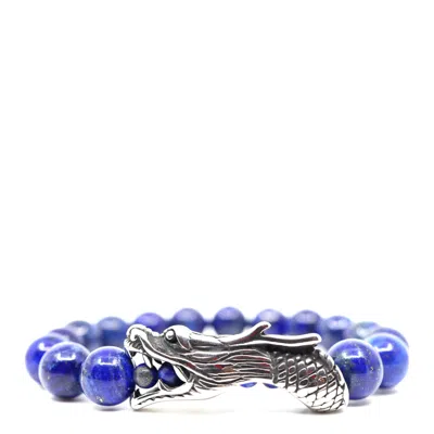 Shar Oke Men's Blue / Silver Lapis Lazuli & Stainless Steel Dragon Beaded Bracelet
