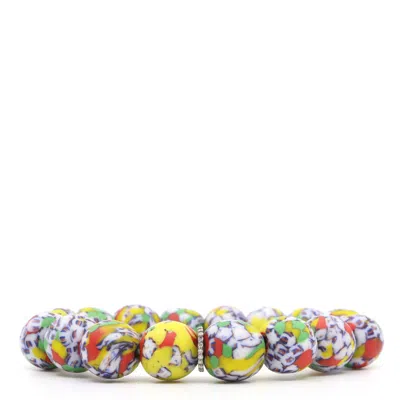 Shar Oke Men's Blue, White, Yellow & Coral African Recycled Glass & Sterling Silver Diamonds Beaded Bracelet In Multi