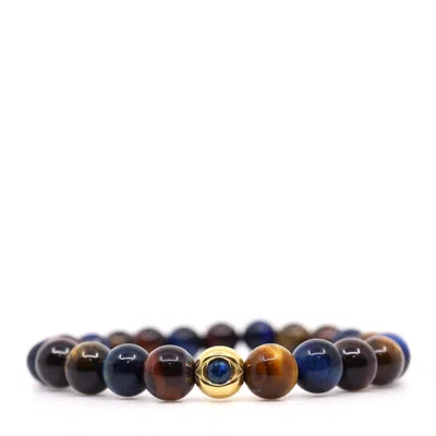 Shar Oke Men's Brown / Blue / Gold Red, Blue & Brown Tiger's Eye & Evil Eye Bracelet In Black
