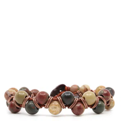 Shar Oke Men's Brown / Red Picture Jasper & Natural Brown Leather Beaded Bracelet In Multi