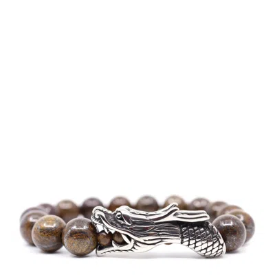 Shar Oke Men's Brown / Silver Bronzite & Stainless Steel Dragon Beaded Bracelet