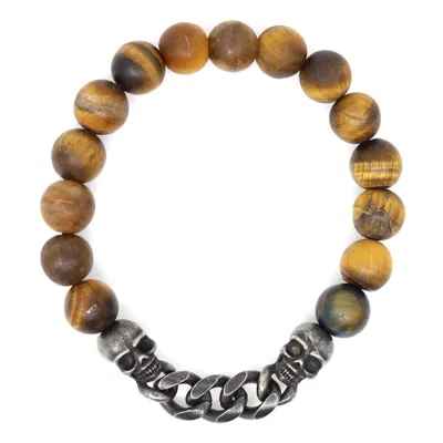 Shar Oke Men's Brown / Silver Brown Tiger's Eye & Skull Bracelet In Brown/silver